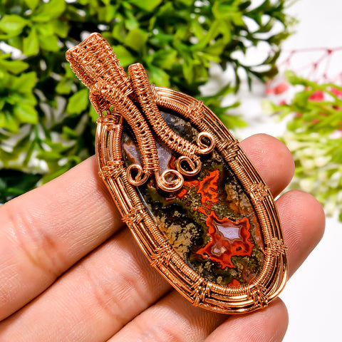 Beautiful Top Grade Quality 100% Natural Seam Agate Gemstone Oval Vintage Handmade Pure Copper Wire Wrapped Pendant 2.6