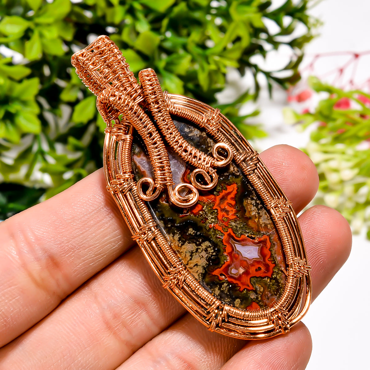 Beautiful Top Grade Quality 100% Natural Seam Agate Gemstone Oval Vintage Handmade Pure Copper Wire Wrapped Pendant 2.6" 19 gms. KR09-4 Sunkarton