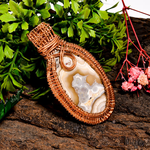 Amazing Top Grade Quality 100% Natural Crazy Lace Agate Gemstone Oval Vintage Handmade Pure Copper Wire Wrapped Pendant 2.7