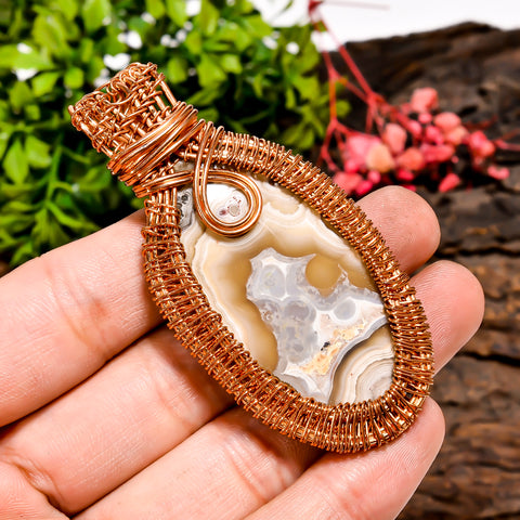 Amazing Top Grade Quality 100% Natural Crazy Lace Agate Gemstone Oval Vintage Handmade Pure Copper Wire Wrapped Pendant 2.7