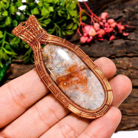 Attractive A One Quality 100% Natural Crazy Lace Agate Gemstone Oval Vintage Handmade Pure Copper Wire Wrapped Pendant 2.8
