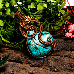 Awesome A One Quality 100% Natural Tibetan Turquoise Gemstone Tumbled Vintage Handmade Pure Copper Wire Wrapped Pendant 2.2" 23.5 gms KR0953 Sunkarton