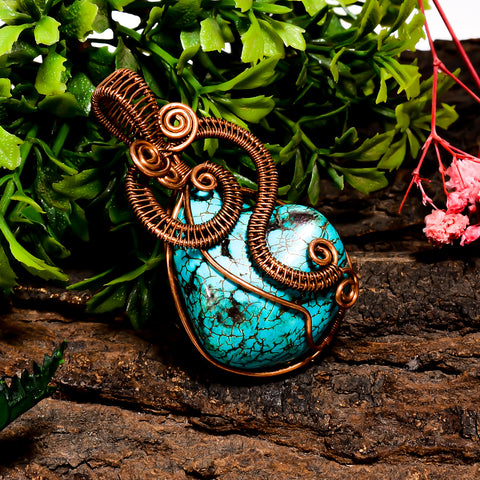 Awesome A One Quality 100% Natural Tibetan Turquoise Gemstone Tumbled Vintage Handmade Pure Copper Wire Wrapped Pendant 2.2