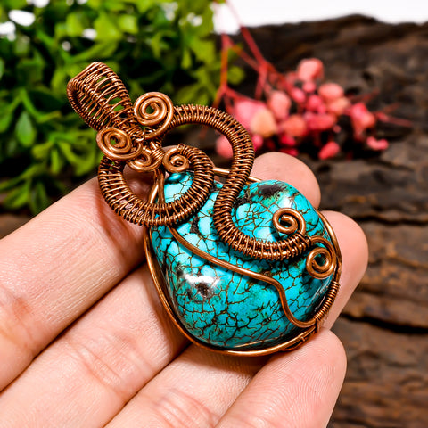 Awesome A One Quality 100% Natural Tibetan Turquoise Gemstone Tumbled Vintage Handmade Pure Copper Wire Wrapped Pendant 2.2