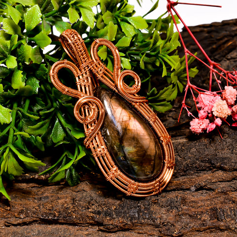 Beautiful Top Grade Quality 100% Natural Labradorite Gemstone Pear Vintage Handmade Pure Copper Wire Wrapped Pendant 2.6