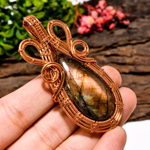 Beautiful Top Grade Quality 100% Natural Labradorite Gemstone Pear Vintage Handmade Pure Copper Wire Wrapped Pendant 2.6