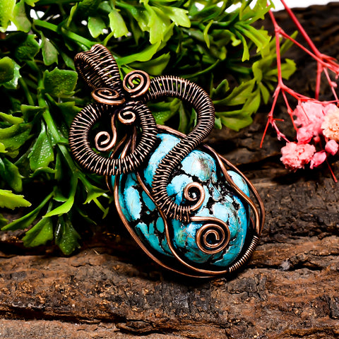 Classic A One Quality 100% Natural Tibetan Turquoise Gemstone Tumbled Vintage Handmade Pure Copper Wire Wrapped Pendant 2.1