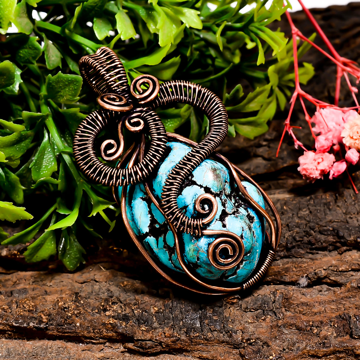 Classic A One Quality 100% Natural Tibetan Turquoise Gemstone Tumbled Vintage Handmade Pure Copper Wire Wrapped Pendant 2.1" 26.1 gms KR0955 Sunkarton
