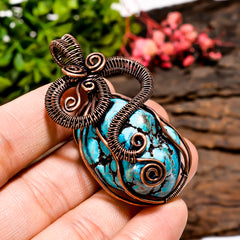 Classic A One Quality 100% Natural Tibetan Turquoise Gemstone Tumbled Vintage Handmade Pure Copper Wire Wrapped Pendant 2.1" 26.1 gms KR0955 Sunkarton