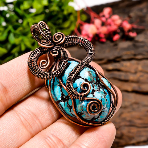 Classic A One Quality 100% Natural Tibetan Turquoise Gemstone Tumbled Vintage Handmade Pure Copper Wire Wrapped Pendant 2.1