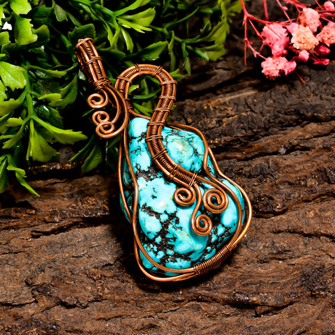 Dazzling A One Quality 100% Natural Turquoise Gemstone Tumbled Vintage Handmade Pure Copper Wire Wrapped Pendant 2.6