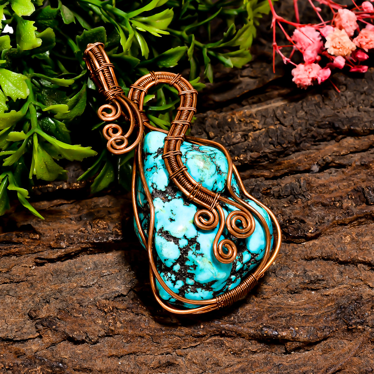 Dazzling A One Quality 100% Natural Turquoise Gemstone Tumbled Vintage Handmade Pure Copper Wire Wrapped Pendant 2.6" 35.9 gms. KR09-56 Sunkarton