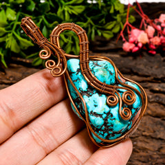 Dazzling A One Quality 100% Natural Turquoise Gemstone Tumbled Vintage Handmade Pure Copper Wire Wrapped Pendant 2.6" 35.9 gms. KR09-56 Sunkarton