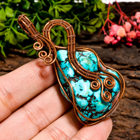 Dazzling A One Quality 100% Natural Turquoise Gemstone Tumbled Vintage Handmade Pure Copper Wire Wrapped Pendant 2.6