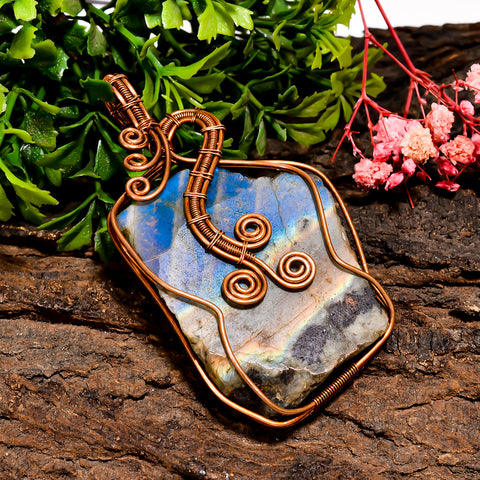 Excellent Top Grade Quality 100% Natural Labradorite Gemstone Vintage Handmade Jewelry Pure Copper Wire Wrapped Pendant 2.9