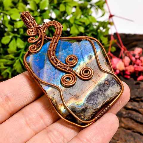 Excellent Top Grade Quality 100% Natural Labradorite Gemstone Vintage Handmade Jewelry Pure Copper Wire Wrapped Pendant 2.9