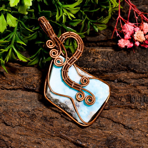 Exclusive Top Grade Quality 100% Natural Larimar Gemstone Vintage Handmade Jewelry Pure Copper Wire Wrapped Pendant 2.6