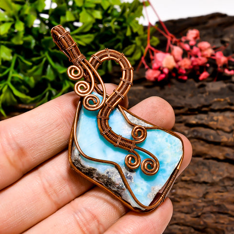 Exclusive Top Grade Quality 100% Natural Larimar Gemstone Vintage Handmade Jewelry Pure Copper Wire Wrapped Pendant 2.6