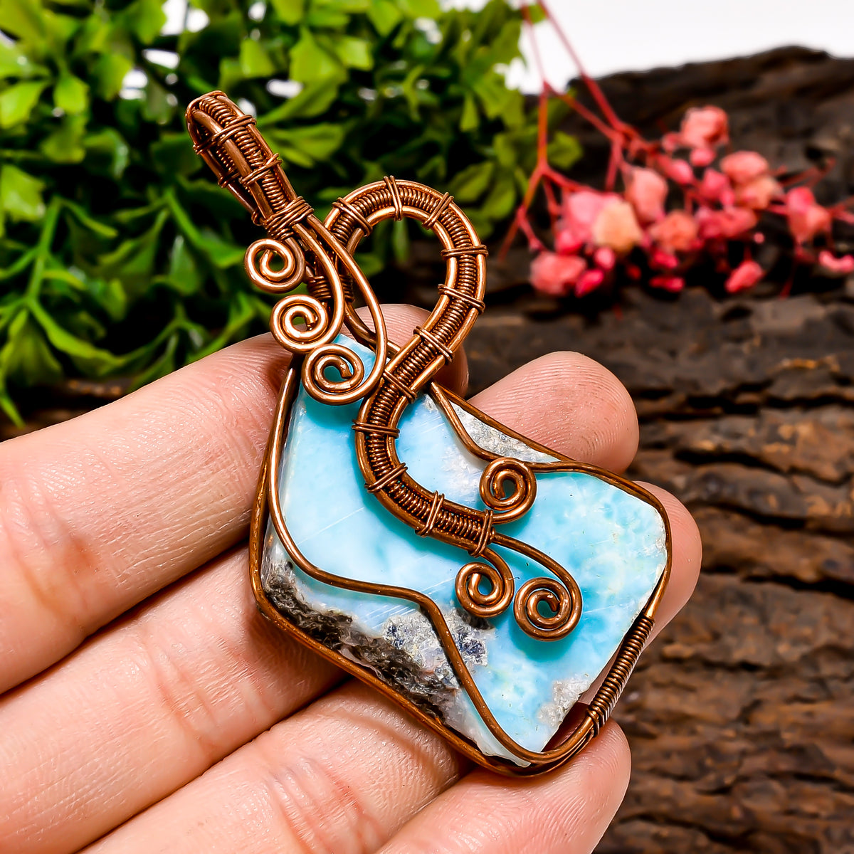 Exclusive Top Grade Quality 100% Natural Larimar Gemstone Vintage Handmade Jewelry Pure Copper Wire Wrapped Pendant 2.6" 20.3 gms. KR09-58 Sunkarton
