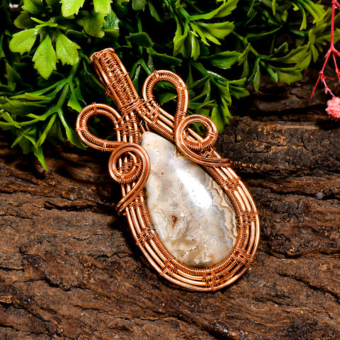 Elegant Top Grade Quality 100% Natural Crazy Lace Agate Gemstone Pear Vintage Handmade Pure Copper Wire Wrapped Pendant 2.6