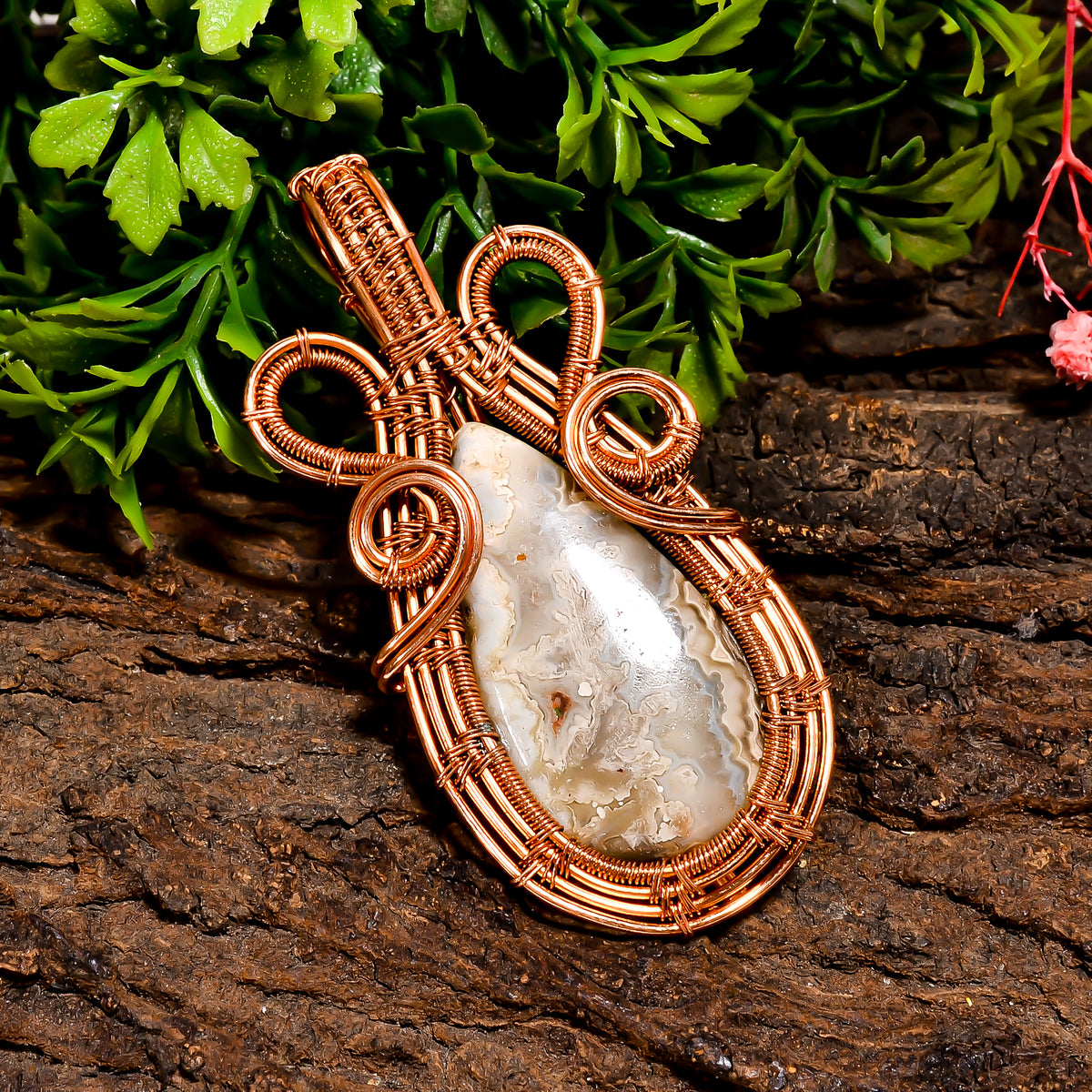 Elegant Top Grade Quality 100% Natural Crazy Lace Agate Gemstone Pear Vintage Handmade Pure Copper Wire Wrapped Pendant 2.6" 15.4 gms KR0959 Sunkarton