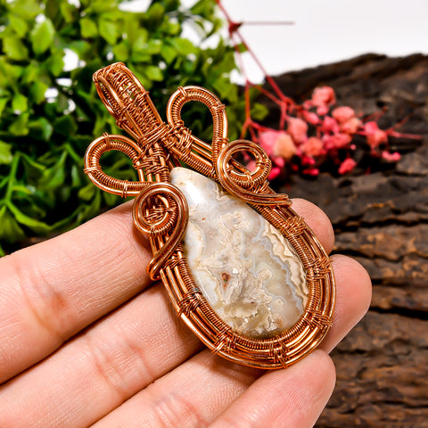 Elegant Top Grade Quality 100% Natural Crazy Lace Agate Gemstone Pear Vintage Handmade Pure Copper Wire Wrapped Pendant 2.6