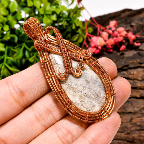 Fabulous A One Quality 100% Natural Crazy Lace Agate Gemstone Pear Vintage Handmade Pure Copper Wire Wrapped Pendant 2.6