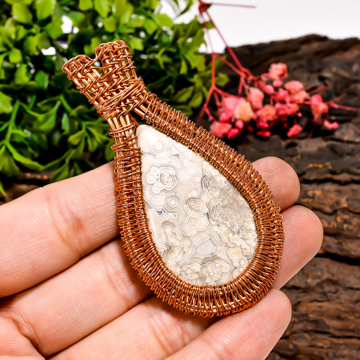 Fantastic A One Quality 100% Natural Crazy Lace Agate Gemstone Pear Vintage Handmade Pure Copper Wire Wrapped Pendant 2.7" 20.7 gms. KR09-61 Sunkarton