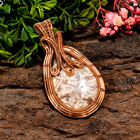 Immaculate A One Quality 100% Natural Crazy Lace Agate Gemstone Pear Vintage Handmade Pure Copper Wire Wrapped Pendant 2.5