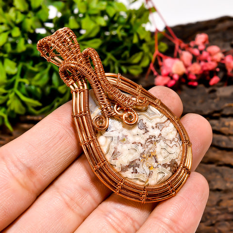 Immaculate A One Quality 100% Natural Crazy Lace Agate Gemstone Pear Vintage Handmade Pure Copper Wire Wrapped Pendant 2.5