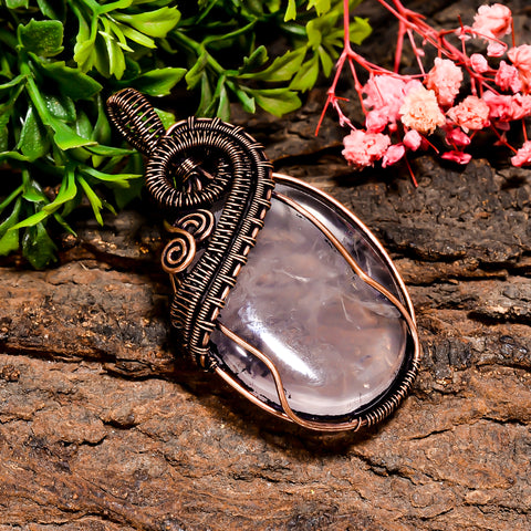 Incredible Top Grade Quality 100% Natural Rose Quartz Gemstone Oval Vintage Handmade Pure Copper Wire Wrapped Pendant 2.5