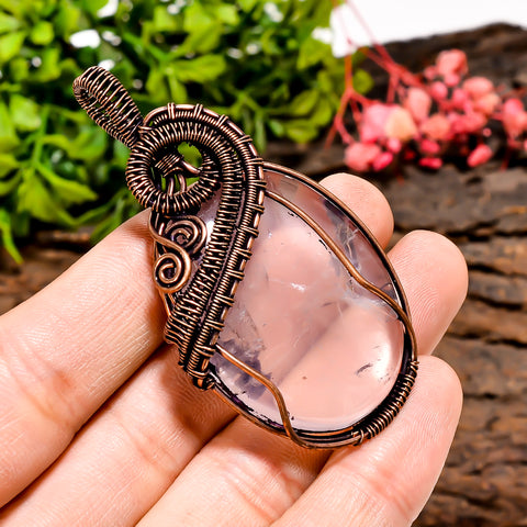 Incredible Top Grade Quality 100% Natural Rose Quartz Gemstone Oval Vintage Handmade Pure Copper Wire Wrapped Pendant 2.5