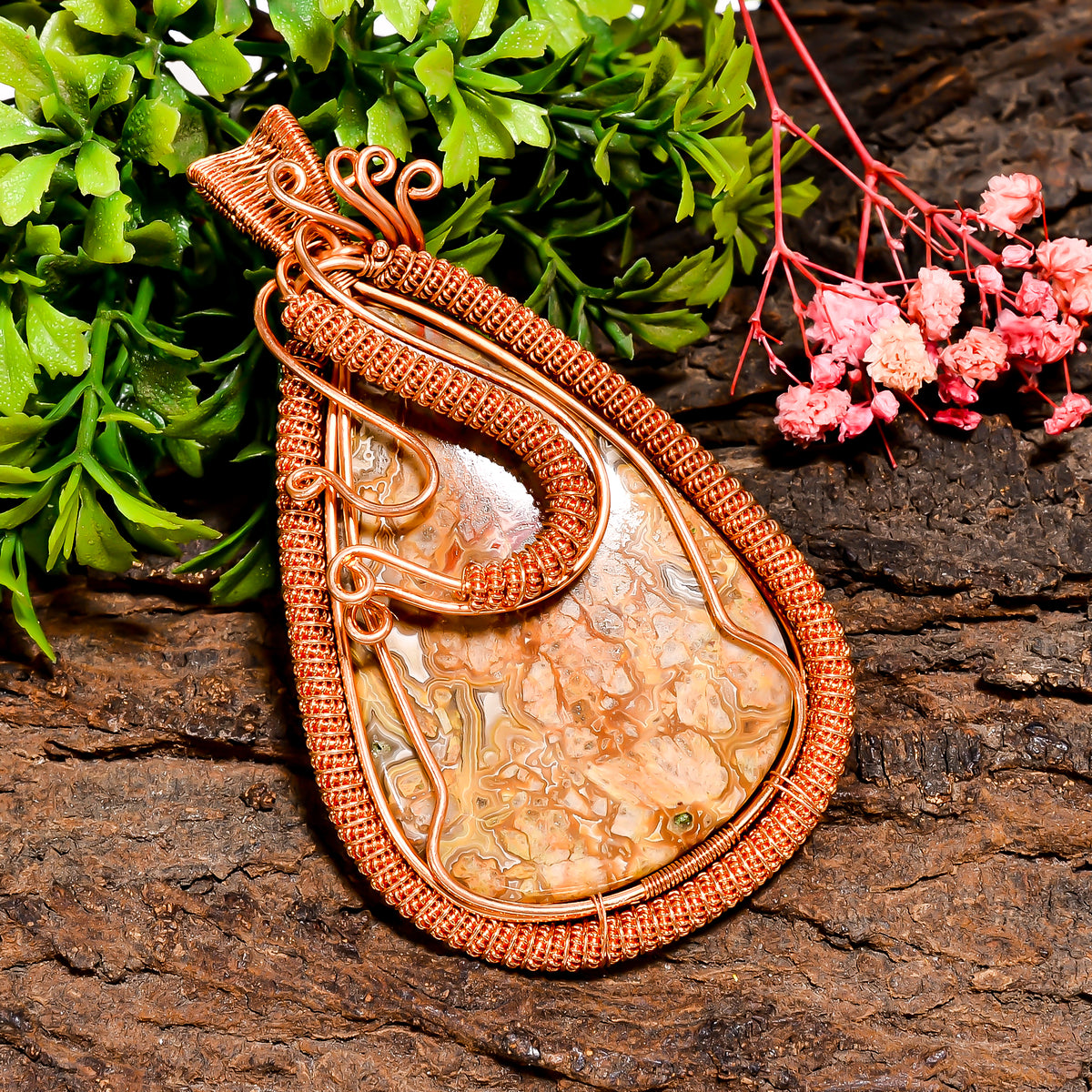 Marvellous A One Quality 100% Natural Crazy Lace Agate Gemstone Pear Vintage Handmade Pure Copper Wire Wrapped Pendant 3.4" 41 gms. KR09-65 Sunkarton