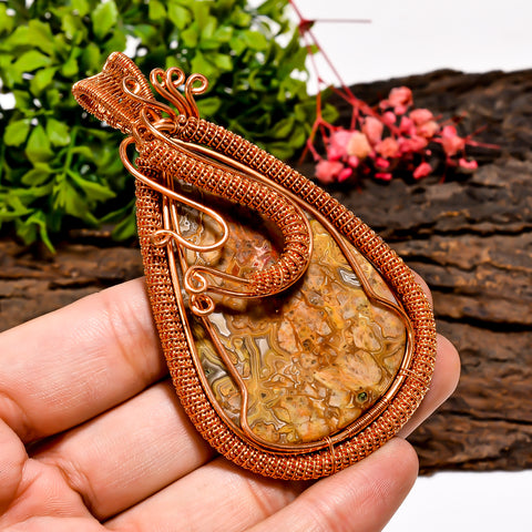 Marvellous A One Quality 100% Natural Crazy Lace Agate Gemstone Pear Vintage Handmade Pure Copper Wire Wrapped Pendant 3.4