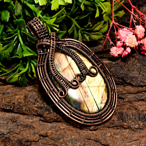 Mind Blowing Top Grade Quality 100% Natural Labradorite Gemstone Oval Vintage Handmade Pure Copper Wire Wrapped Pendant 2.5