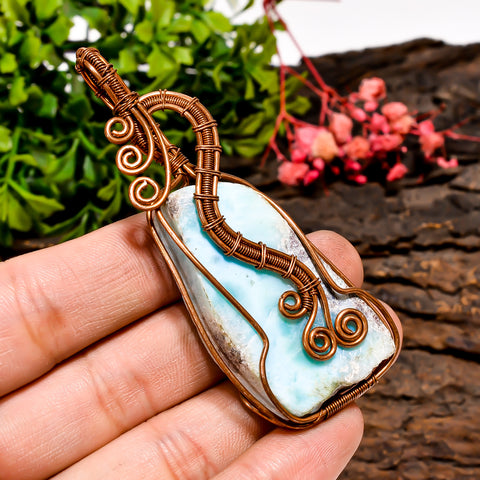 Outstanding Top Grade Quality 100% Natural Larimar Gemstone Vintage Handmade Jewelry Pure Copper Wire Wrapped Pendant 2.8