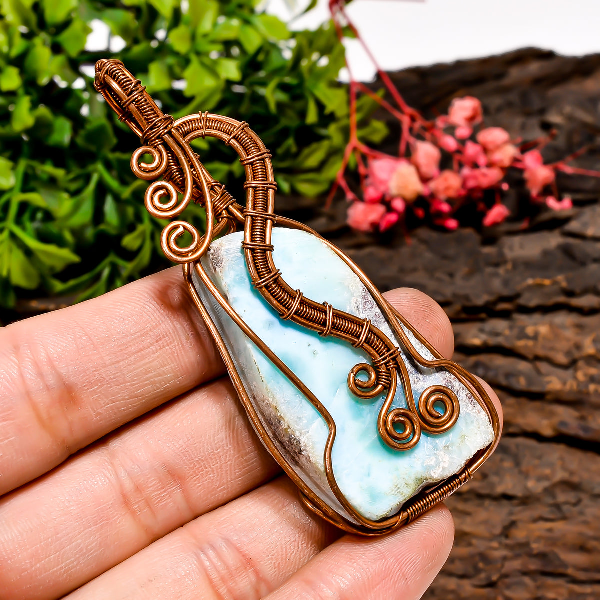 Outstanding Top Grade Quality 100% Natural Larimar Gemstone Vintage Handmade Jewelry Pure Copper Wire Wrapped Pendant 2.8" 28.5 gms. KR09-67 Sunkarton
