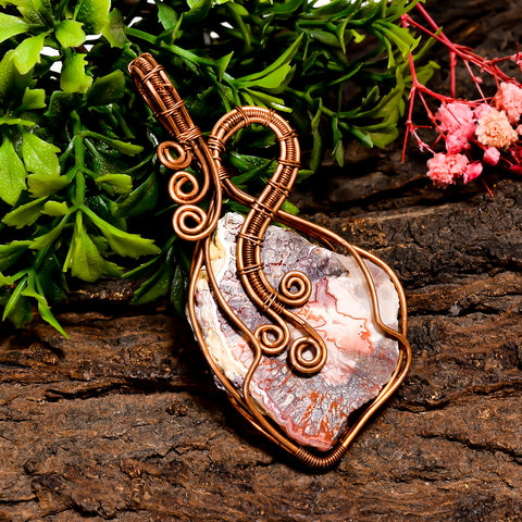 Superb Top Grade Quality 100% Natural Crazy Lace Agate Gemstone Vintage Handmade Pure Copper Wire Wrapped Pendant 2.8