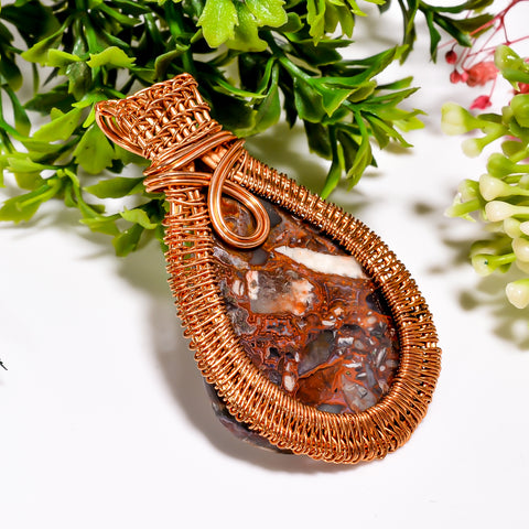 Dazzling Top Grade Quality 100% Natural Seam Agate Gemstone Pear Vintage Handmade Pure Copper Wire Wrapped Pendant 2.5
