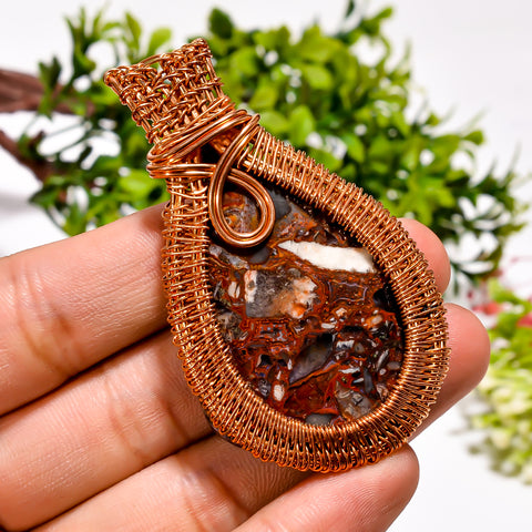 Dazzling Top Grade Quality 100% Natural Seam Agate Gemstone Pear Vintage Handmade Pure Copper Wire Wrapped Pendant 2.5