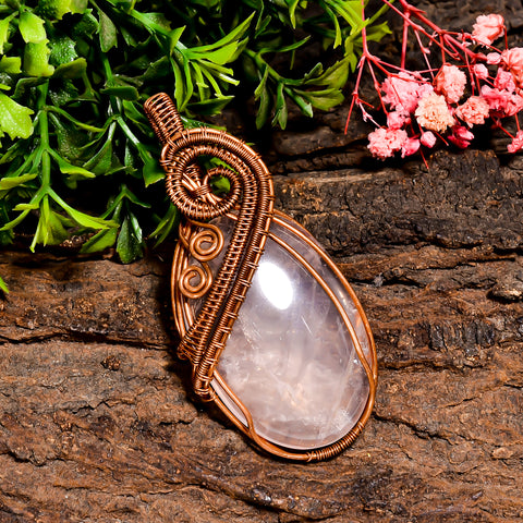 Tempting Top Grade Quality 100% Natural Rose Quartz Gemstone Oval Vintage Handmade Pure Copper Wire Wrapped Pendant 2.7