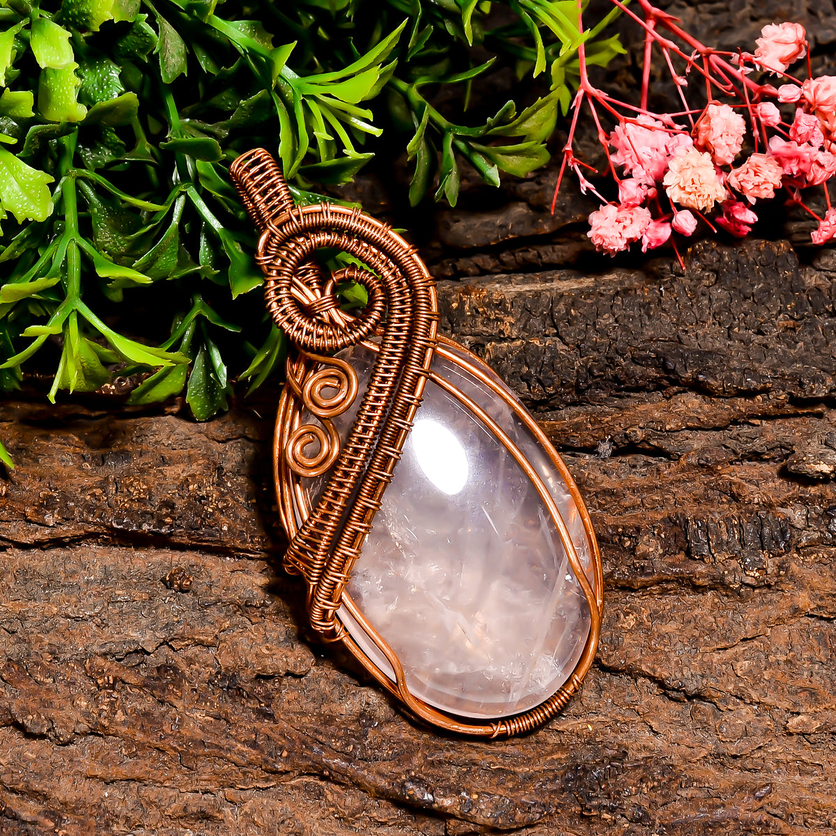 Tempting Top Grade Quality 100% Natural Rose Quartz Gemstone Oval Vintage Handmade Pure Copper Wire Wrapped Pendant 2.7" 25 gms. KR09-72 Sunkarton