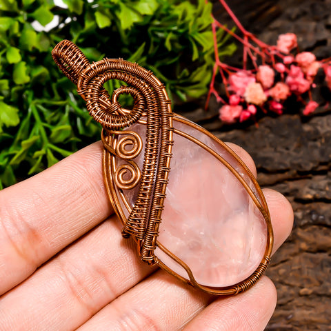 Tempting Top Grade Quality 100% Natural Rose Quartz Gemstone Oval Vintage Handmade Pure Copper Wire Wrapped Pendant 2.7