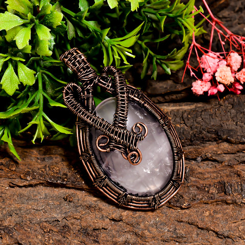 Terrific Top Grade Quality 100% Natural Rose Quartz Gemstone Oval Vintage Handmade Pure Copper Wire Wrapped Pendant 2.5