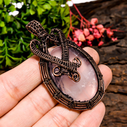 Terrific Top Grade Quality 100% Natural Rose Quartz Gemstone Oval Vintage Handmade Pure Copper Wire Wrapped Pendant 2.5