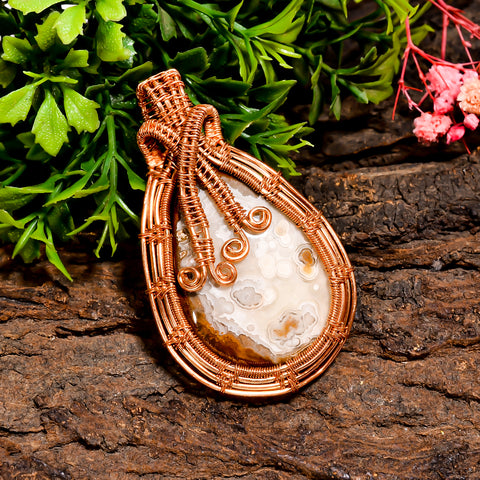 Unique Top Grade Quality 100% Natural Crazy Lace Agate Gemstone Pear Vintage Handmade Pure Copper Wire Wrapped Pendant 2.3" 19.3 gms KR09-74 Sunkarton