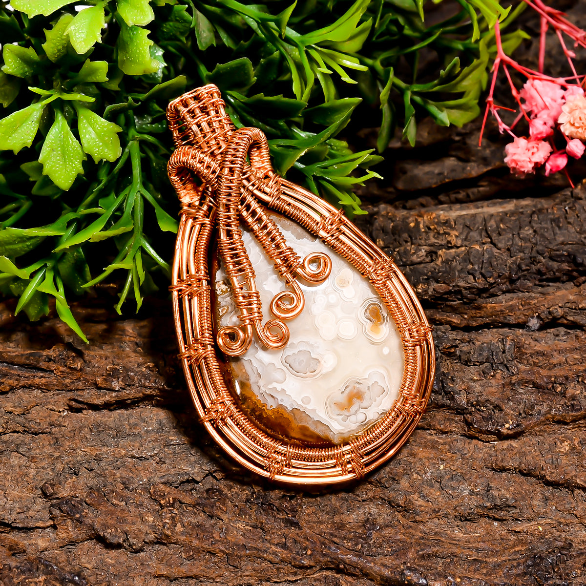 Unique Top Grade Quality 100% Natural Crazy Lace Agate Gemstone Pear Vintage Handmade Pure Copper Wire Wrapped Pendant 2.3" 19.3 gms KR09-74 Sunkarton