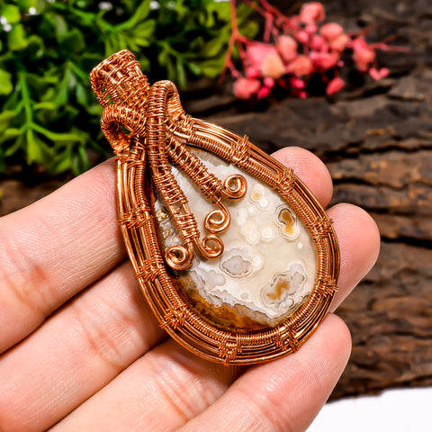 Unique Top Grade Quality 100% Natural Crazy Lace Agate Gemstone Pear Vintage Handmade Pure Copper Wire Wrapped Pendant 2.3