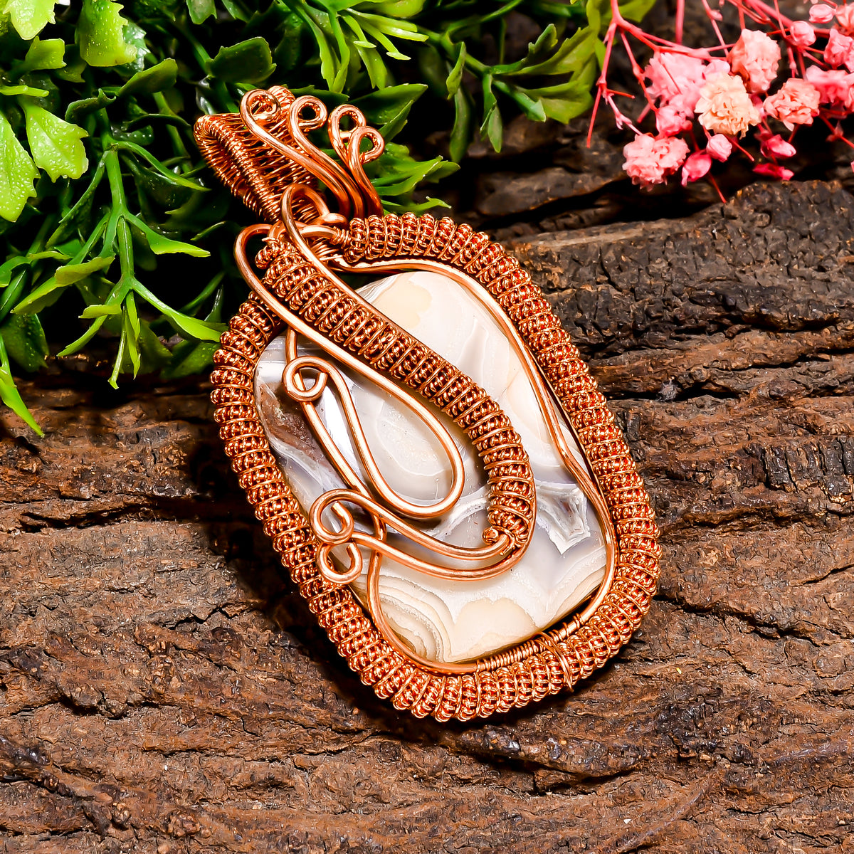 Wonderful A One Quality Natural Crazy Lace Agate Gemstone Radiant Vintage Handmade Pure Copper Wire Wrapped Pendant 2.7" 34.5 gms. KR09-75 Sunkarton