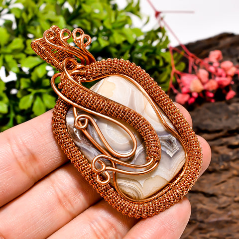 Wonderful A One Quality Natural Crazy Lace Agate Gemstone Radiant Vintage Handmade Pure Copper Wire Wrapped Pendant 2.7